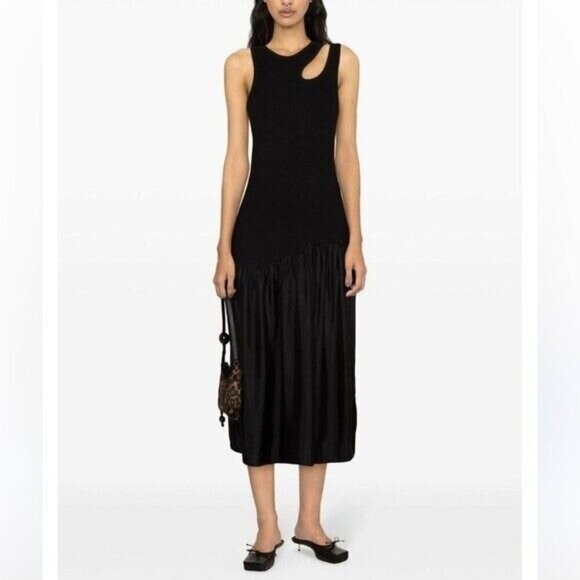 SANDRO PARIS DRESS Olane Sleeveless Knit Ribbed Satin Midi Black Dress Small • - Picture 1 of 15